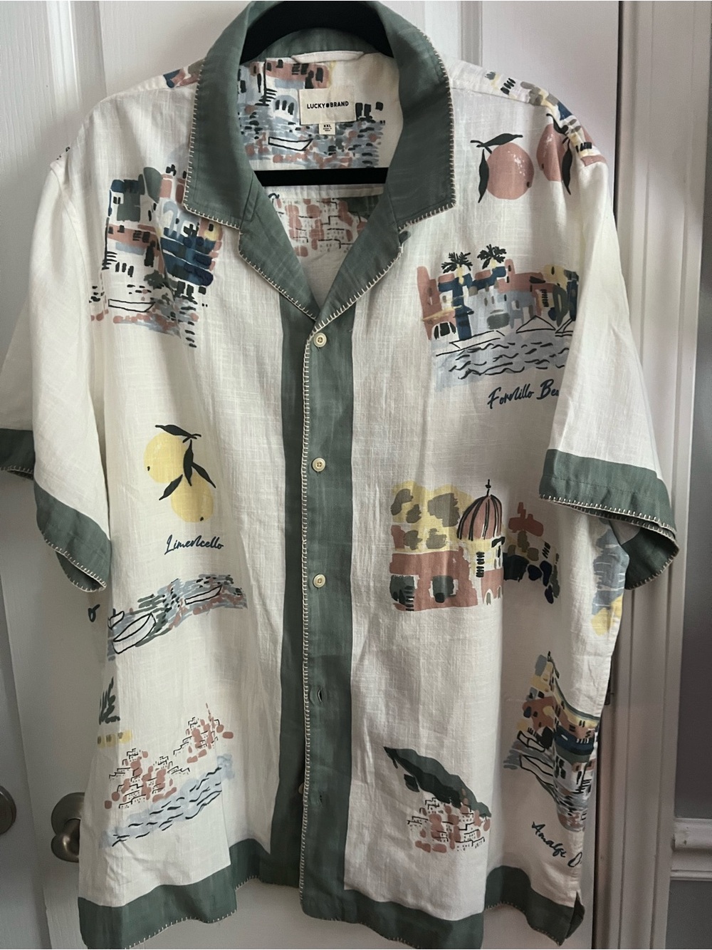 Lucky Brand Cream Short Sleeve Button-Up Shirt with Green Trim/Coastal Print NWT